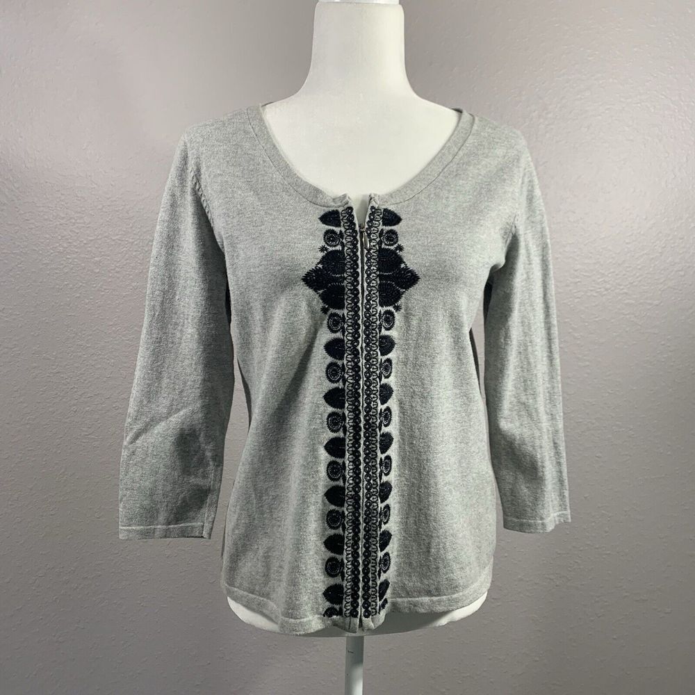 J. Jill Women's Gray With‎ Black Embroidered 3/4 Sleeve Zip-Up Cardigan Small